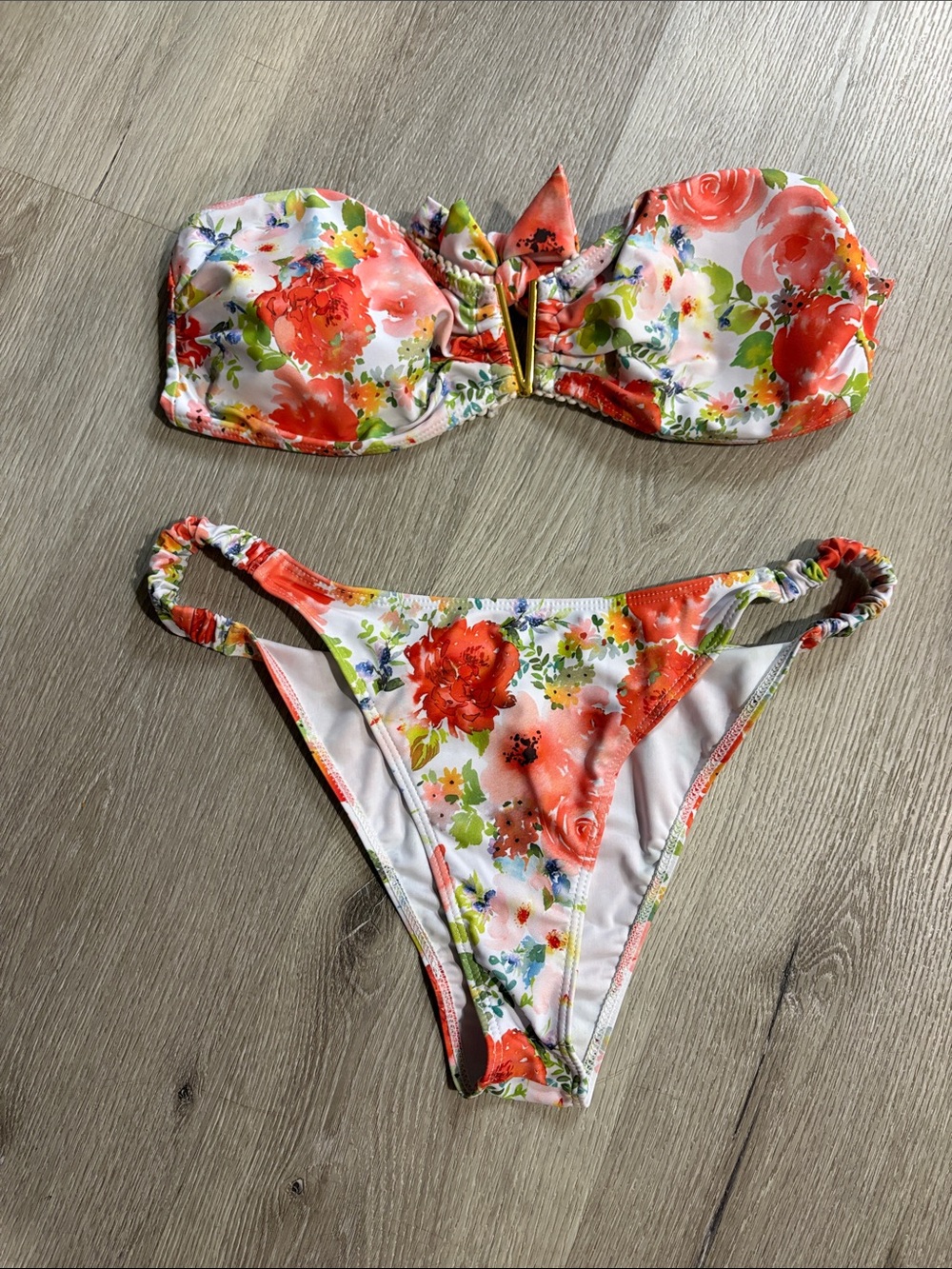 Floral Strapless Bikini Set - Coral & Green Flowers